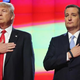 Republican presidential candidates Donald Trump and Sen. Ted Cruz listen to the national anthem before the start of the Republican presidential-primary debate at the University of Miami in Coral Gables, Fla., on March 10, 2016.
Joe Raedle/Getty Images